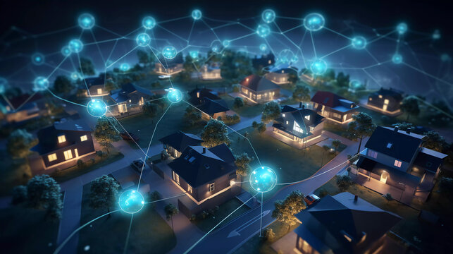 Digital Community, Smart Homes And Digital Community. DX, Iot, Digital Network In Society Concept. Suburban Houses At Night With Data Transactions