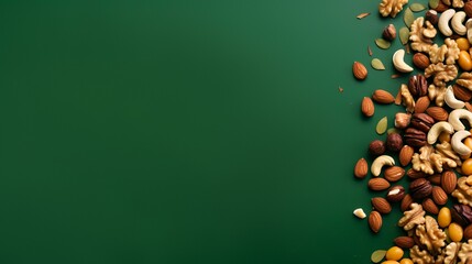 Mixed nuts on a green background, top view, copy space
