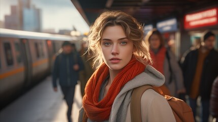 A woman waiting at the train station ready to go on a journey.