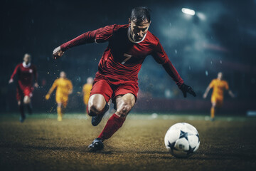 A football player runs across the field with a ball, it is raining.