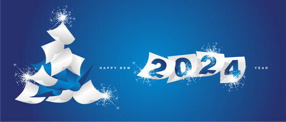 We wish you Happy New Year 2024. Beautiful winter holiday greeting card design template on blue background. White blue paper in the form of Christmas tree and separate New Year 2024 calendar sheets - obrazy, fototapety, plakaty