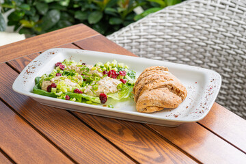 Smoked Mackerel Pate with Bread and Herbs. Healthy food, ketogenic diet, diet lunch concept.