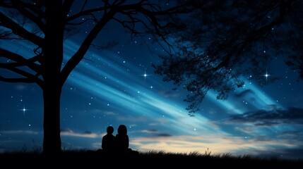 Silhouette of couple sitting under tree at night, gazing at stars.