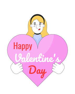 Caucasian woman wishing happy valentine day 2D linear illustration concept. Blonde european girl cartoon character isolated on white. 14 february romantic metaphor abstract flat vector outline graphic