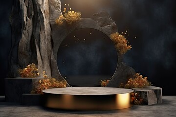 round podium with gold-plated plants for the presentation of luxury products. stone rock background stand with arch. deep blue background - obrazy, fototapety, plakaty