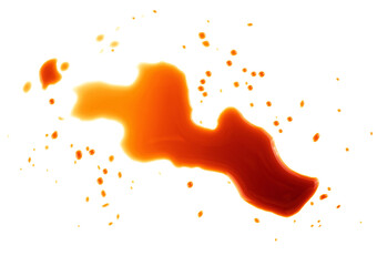 Soy sauce drips isolated on a white background, top view. Spilled soy sauce. Teriyaki Sauce.
