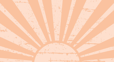 Vintage sun in peach colors. Sunbeams with retro style. Vector background in grunge style. Horizontal banner. Peach Fuzz is color of 2024.