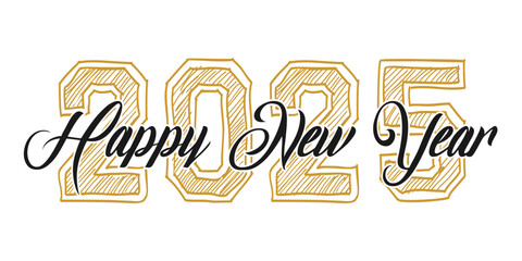 2025 handwritten lettering with golden Christmas stars Happy New Year card design. Vector illustration EPS
