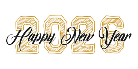 2026 handwritten lettering with golden Christmas stars Happy New Year card design. Vector illustration EPS