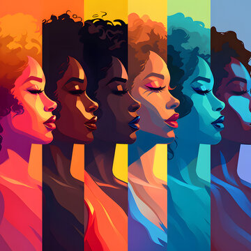 Colorful art of different gradient tones on beautiful women. Illustration black history month concept. Celebrating Afro diversity.
