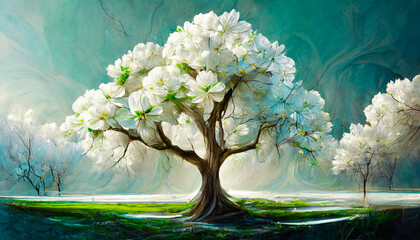Piękne drzewo, białe egzotyczne kwiaty, modne wnętrza - obrazy, fototapety, plakaty