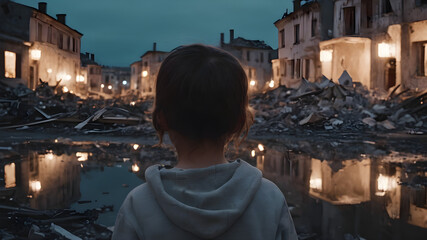 Obraz premium Portrait of child looking over destroyed town. Alone with back to camera