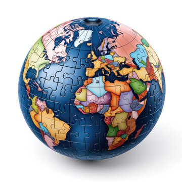 World global globe on white background in puzzle format with blue ocean sea and colorful countries 