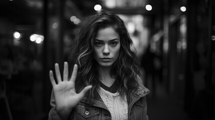 Young woman extend hand in stop gesture oppose against violation of women rights - obrazy, fototapety, plakaty