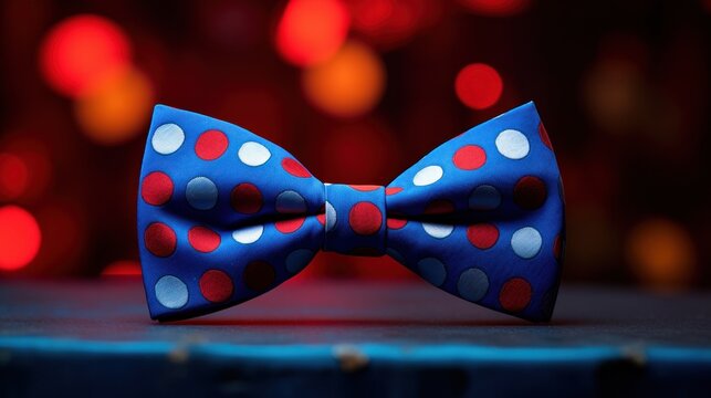 A blue bow tie with red and white polka dots on it, AI - Powered by Adobe