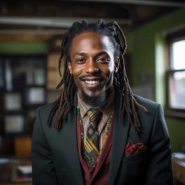 African American Jamaican black dred rasta locks man well dressed in jacket suite blazer long hair smiles in green business man strong artist 