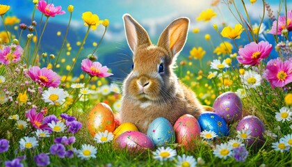 adorable bunny with easter eggs in flowery meadow