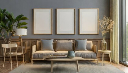 3 blank poster wooden mock up frames on the wall in living room interior