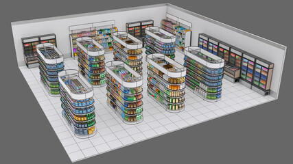Sales floor, shelving with display of goods and advertising space, isolated on gray. 3d illustration