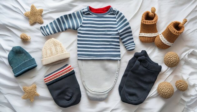 set of baby rompers hat hairband and knitted jumper on white bed fashion baby clothes and accessories flat lay top view