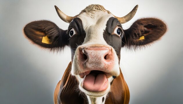 surprised cow with goofy face mooing and looking at camera on white background close up portrait of funny animal
