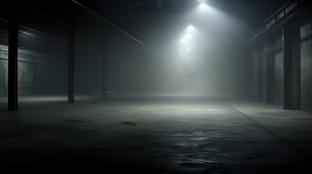 **A dark concrete floor **covered in mist and fog is a striking and evocative image that evokes feelings of mystery, intrigue, and possibility. ai generated.