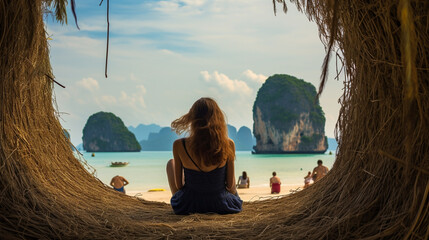 **A traveler woman **relaxing on straw nests **at Railay Beach **in Krabi, Thailand is a visually appealing image that evokes feelings of peace, tranquility, and a sense of adventure. ai generated.