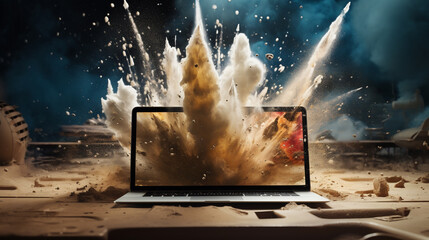 **A rocket blasting off from a laptop screen is a visually stunning and evocative image that evokes feelings of excitement, possibility, and innovation. ai generated. - obrazy, fototapety, plakaty