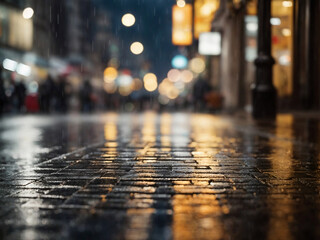 falling rain city lights reflected on sidewalk and street with people walking past store windows urban evening background blur - obrazy, fototapety, plakaty