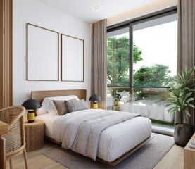 Bedroom with blank picture frame mock up.3d rendering