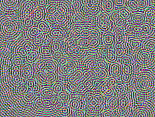 Abstrakcyjne tło. Mozaika przeźroczystych nakładających się na siebie okrągłych kształtów w tęczowych gradientowych barwach z cyfrowym efektem luminescencji - obrazy, fototapety, plakaty