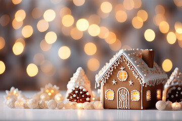 Gingerbread houses and Christmas decor on bokeh lights background