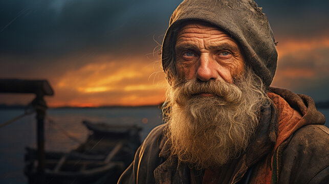 portrait of an elderly fisherman at work