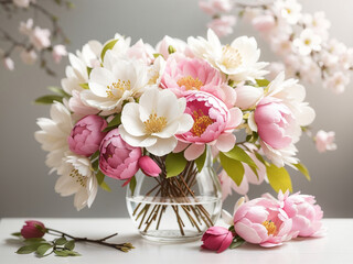 Whispers of Spring: Dogwood and Peony Bouquet Blossoming on a White Canvas