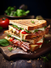 Close up of panini sandwich with ham and cheese, wooden kitchen table, blurry background 