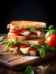 Vegetarian panini sandwich with cheese and tomatoes, on wooden plate, blurry background	
