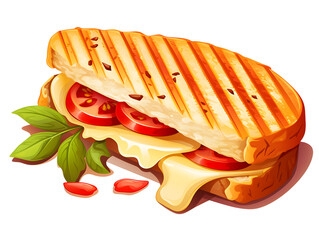 Illustration of vegetarian panini sandwich with cheese and tomatoes, isolated on white background 