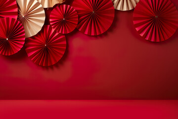 Asian Theme Product display podium with Japanese paper Gold Red fans