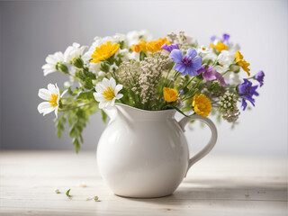 
Blooms of Summer: Wild Flowers in White Jug on White Background - Floral Elegance