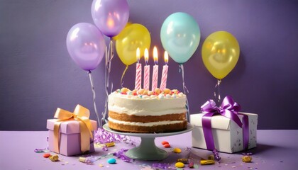 birthday cake with candles gift boxes and balloons on purple background