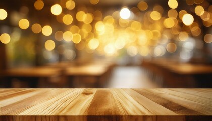 wood texture table top counter bar with blur light gold bokeh in cafe restaurant background for montage product display or design key visual