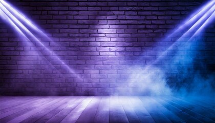 brick wall texture pattern blue and purple background an empty dark scene laser beams neon spotlights reflection on the floor and a studio room with smoke floating up for display products