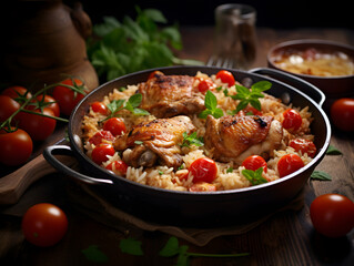 One pan chicken and rice dish with tomatoes and parsley on top, dark blurred background  