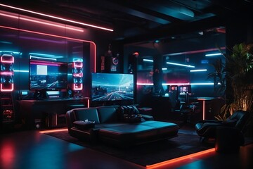 A futuristic video game room, with sleek black walls and neon accents.