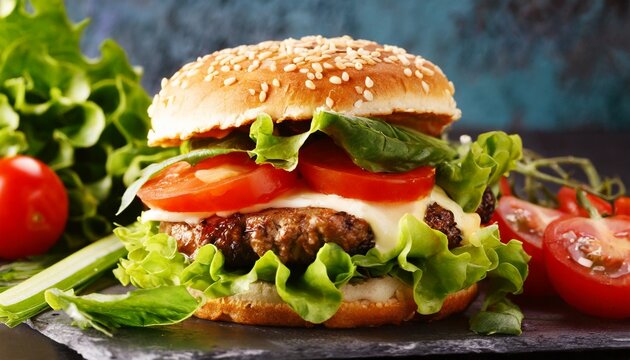 fresh homemade hamburger with cheese tomatos green salad and