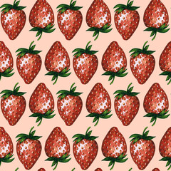 Seamless pattern with fresh and juicy strawberries and green leaves on pink background, hand drawn watercolor illustration