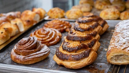 close up freshly baked pastry goods on display in bakery shop selective focus