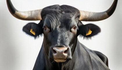 black camargue bull face portrait on white background - obrazy, fototapety, plakaty