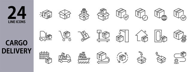 Cargo Delivery line icons set with Box, Transportation, Shipping, Package, Van, Shipment, Tracking, Order, Service, Pack. Editable stroke