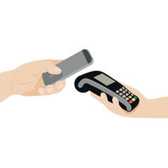 Hand with smartphone and hand with terminal, flat vector, isolate on white, cashless payment, finance